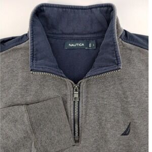 Nautica Mens Quarter 1/4 Zip Pullover Sweatshirt Gray Navy Blue Size Large